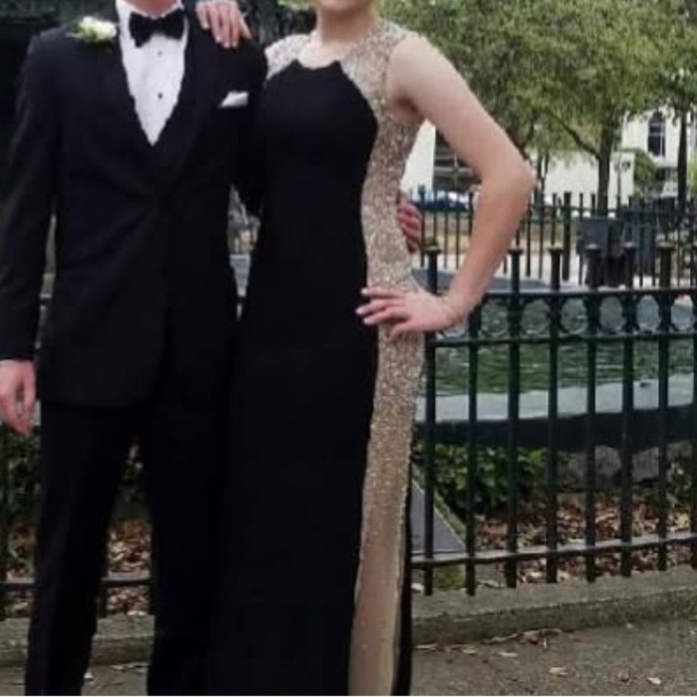 Xscape Black Dress with Gold Accents